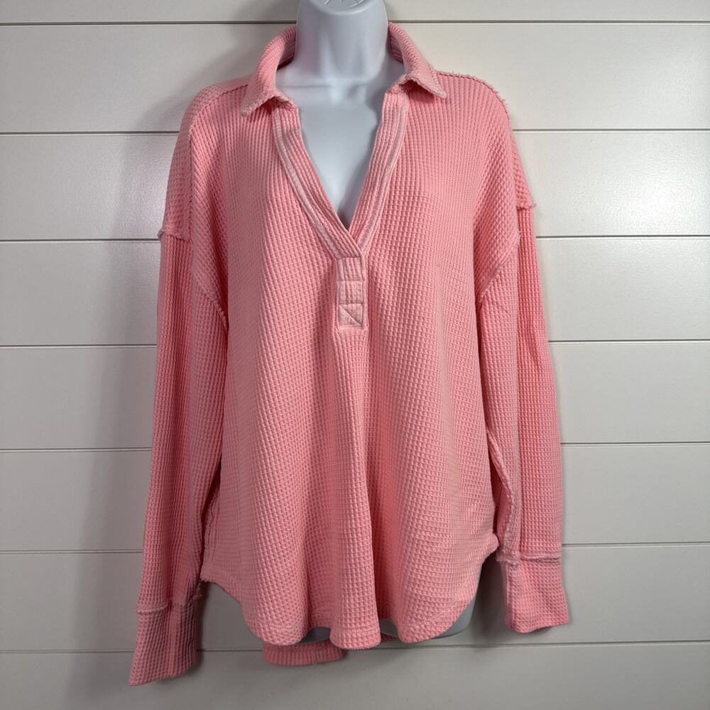 Aerie Lumberjane Waffle Polo Sweatshirt Oversized Fit Pink sz S